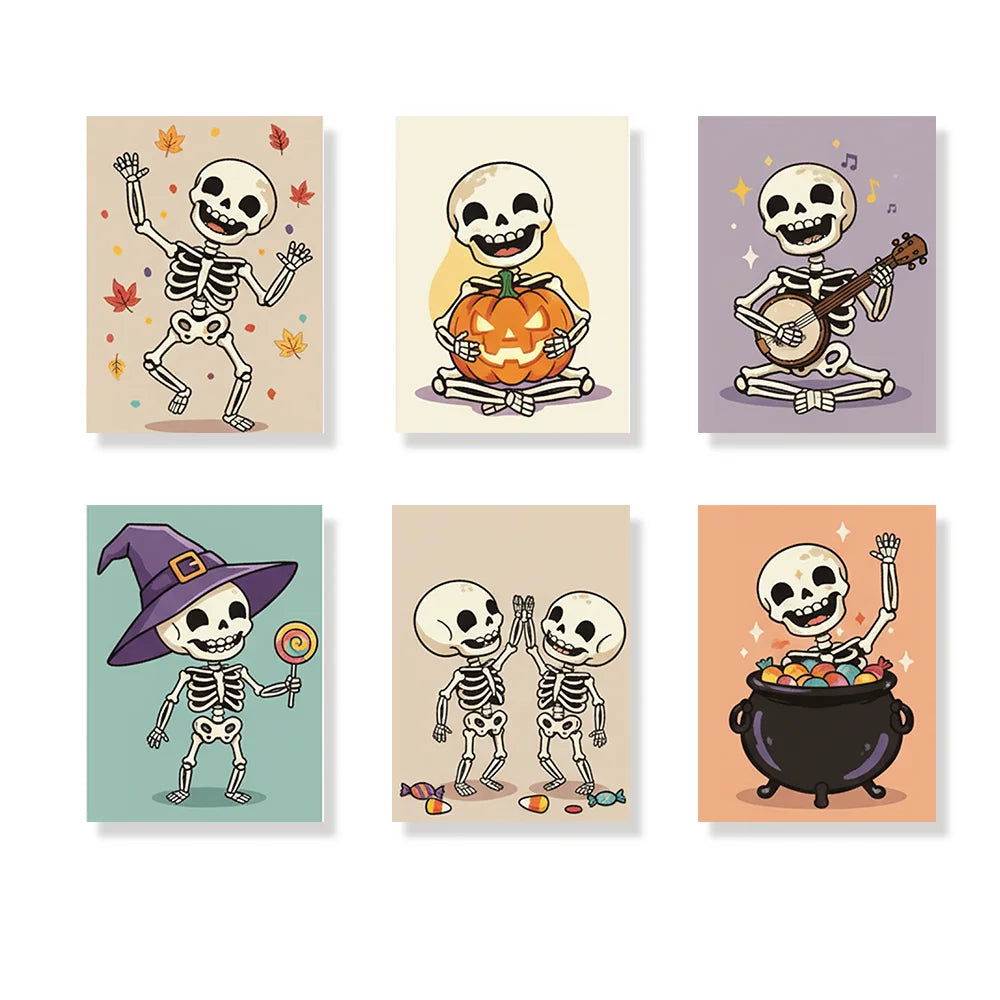 Malen nach Zahlen - 6 Mini-Gemälde | Fröhliches Skelett