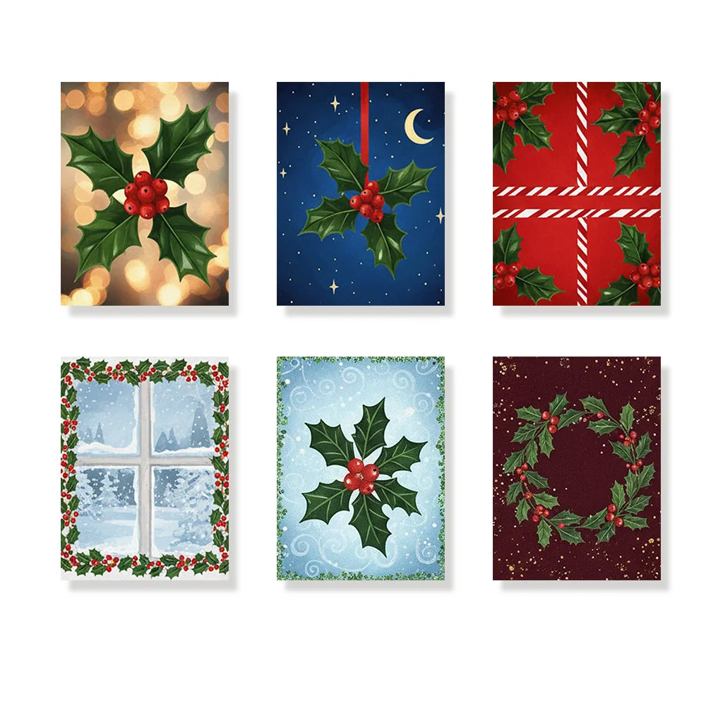 Malen nach Zahlen - 6 Mini-Gemälde | Kleine Stechpalmenblätter und Beeren