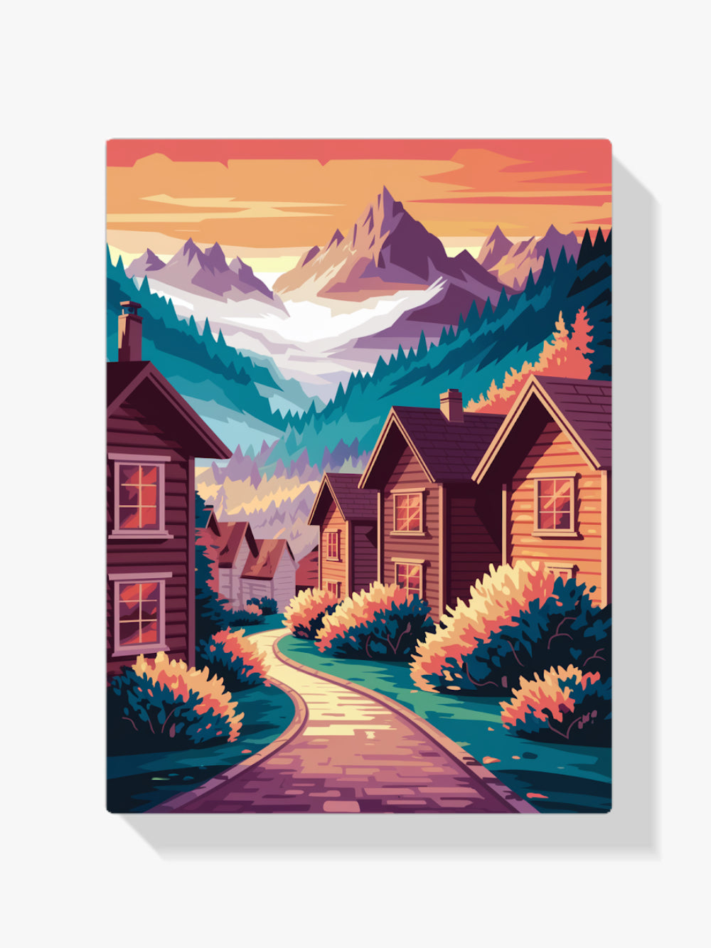 Malen nach Zahlen – Bergdorf bei Sonnenaufgang mit nebligen Gipfeln V1-1