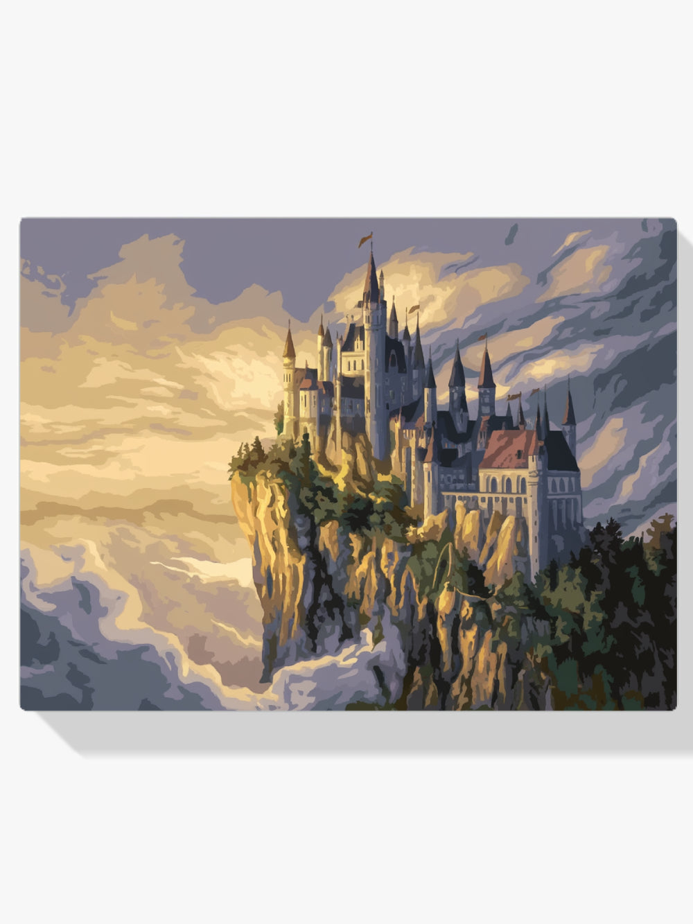Malen nach Zahlen – Fantasievolles Schloss auf einer Klippe umgeben von Wolken V1-1