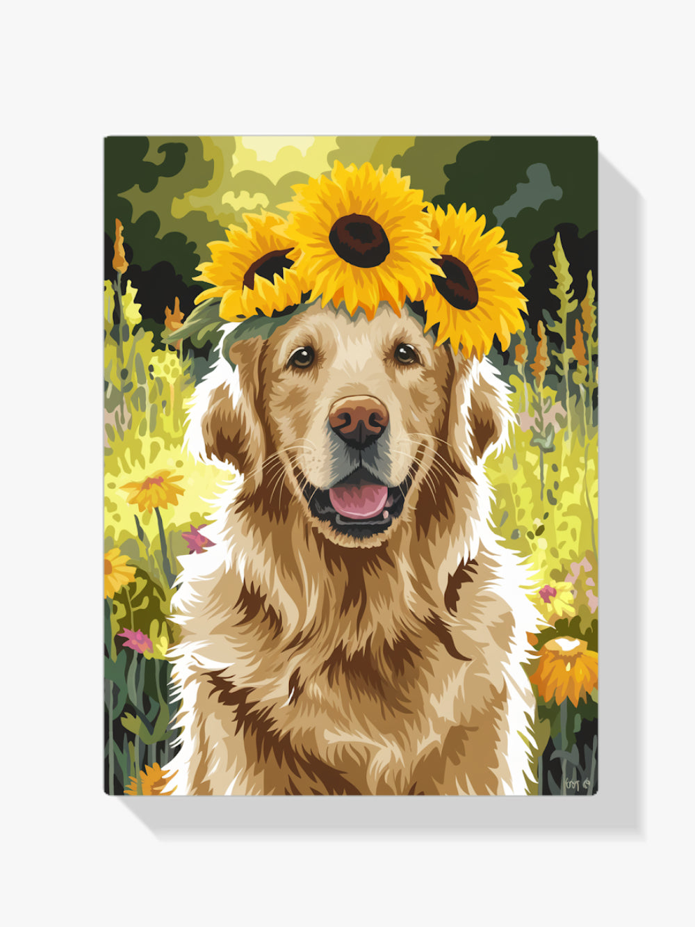 Malen nach Zahlen - Golden Retriever mit einer Sonnenblumenkrone