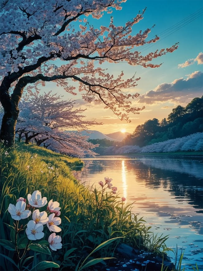 Malen nach Zahlen - Kirschblüten in der Abenddämmerung