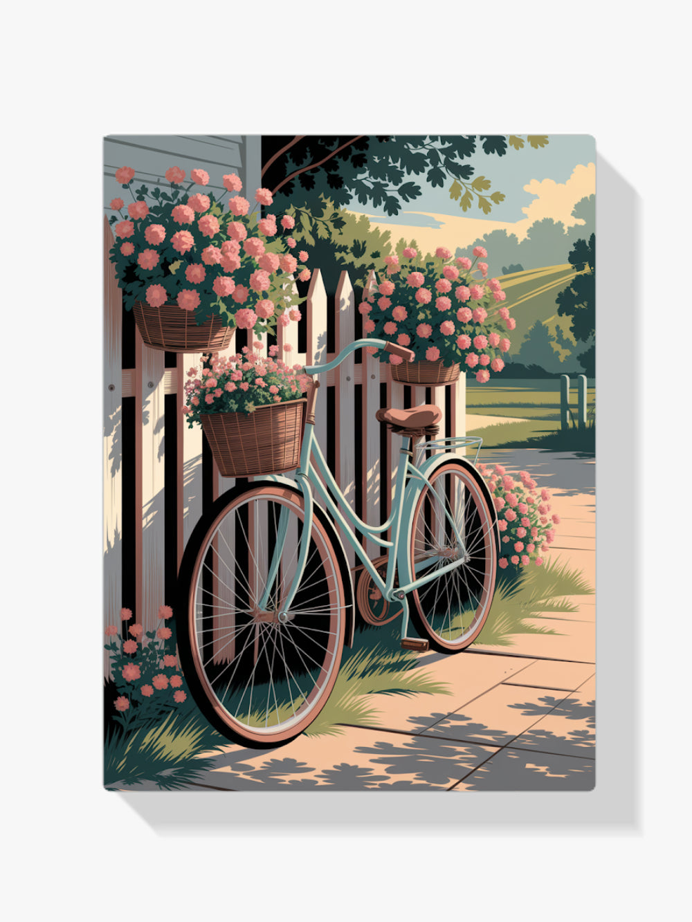 Malen nach Zahlen - Vintage Fahrrad lehnt an einem Zaun mit Blumenkörben