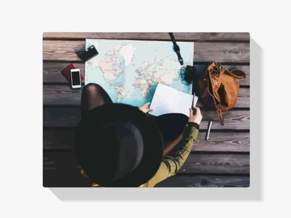 Malen nach Zahlen – Tourist erkundet Weltkarte