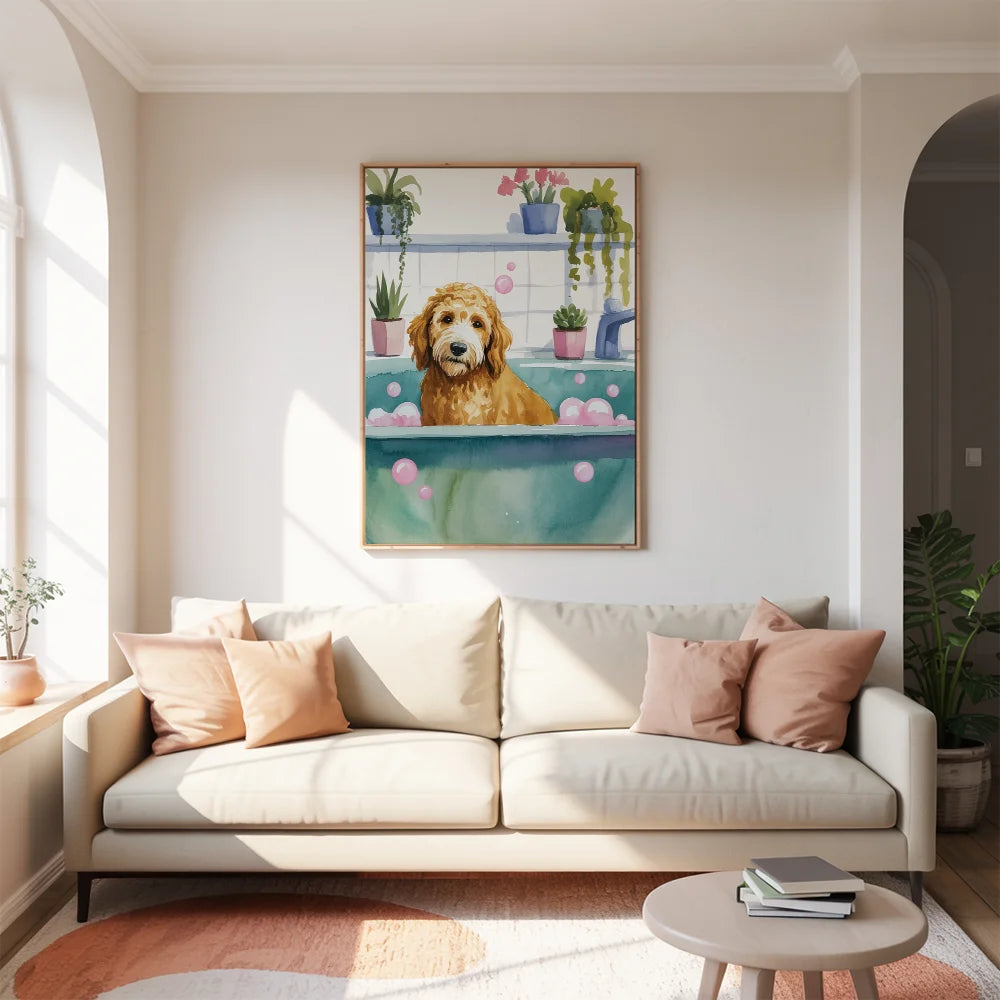 Malen nach Zahlen - Goldendoodle im Badezimmer