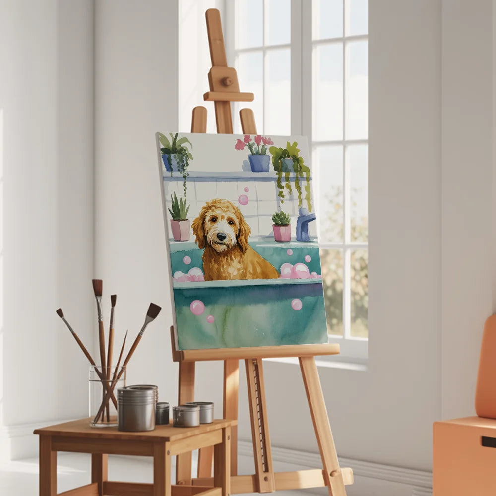 Malen nach Zahlen - Goldendoodle im Badezimmer