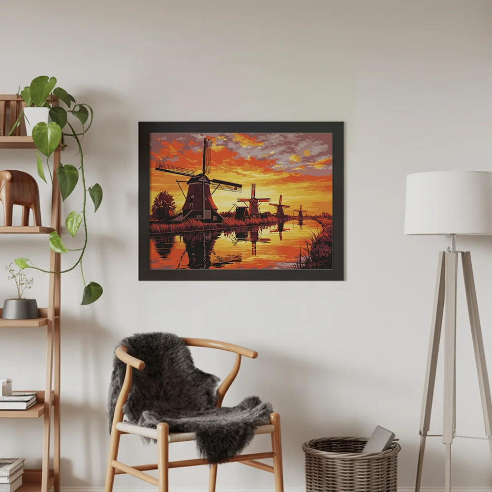 Malen nach Zahlen - Sonnenuntergang bei den Windmühlen von Kinderdijk