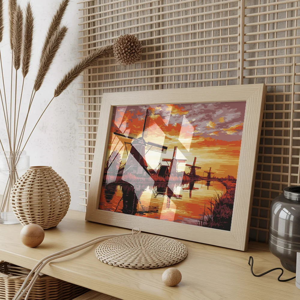 Malen nach Zahlen - Sonnenuntergang bei den Windmühlen von Kinderdijk