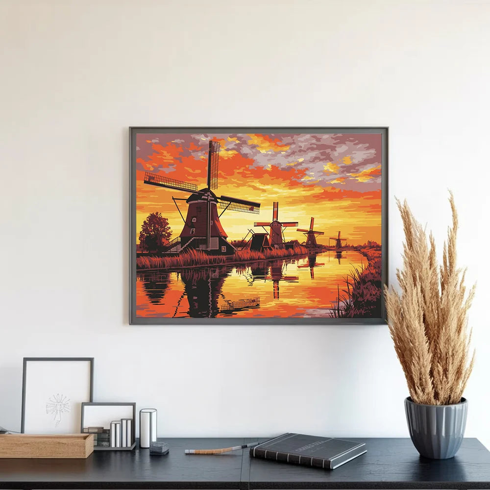 Malen nach Zahlen - Sonnenuntergang bei den Windmühlen von Kinderdijk