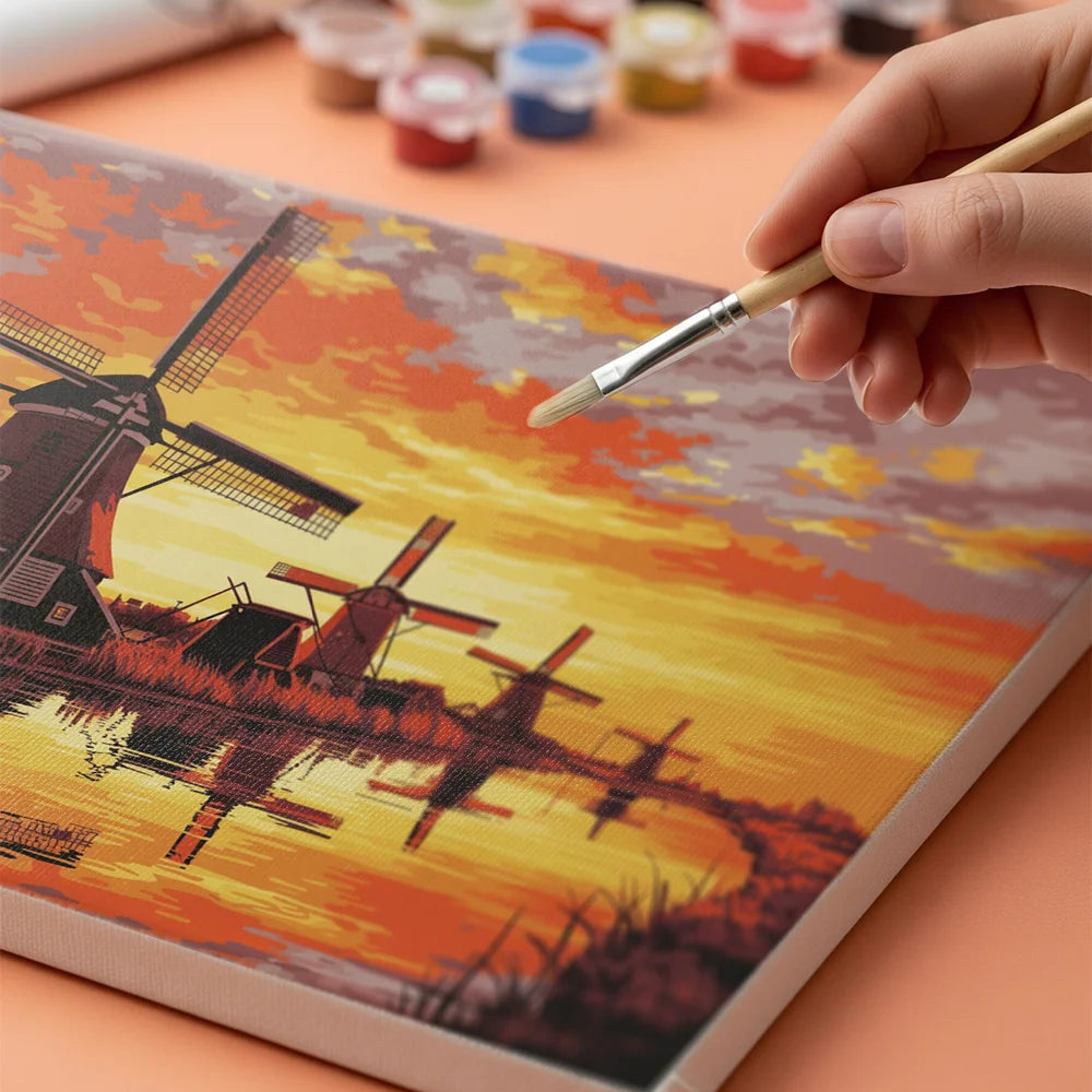 Malen nach Zahlen - Sonnenuntergang bei den Windmühlen von Kinderdijk