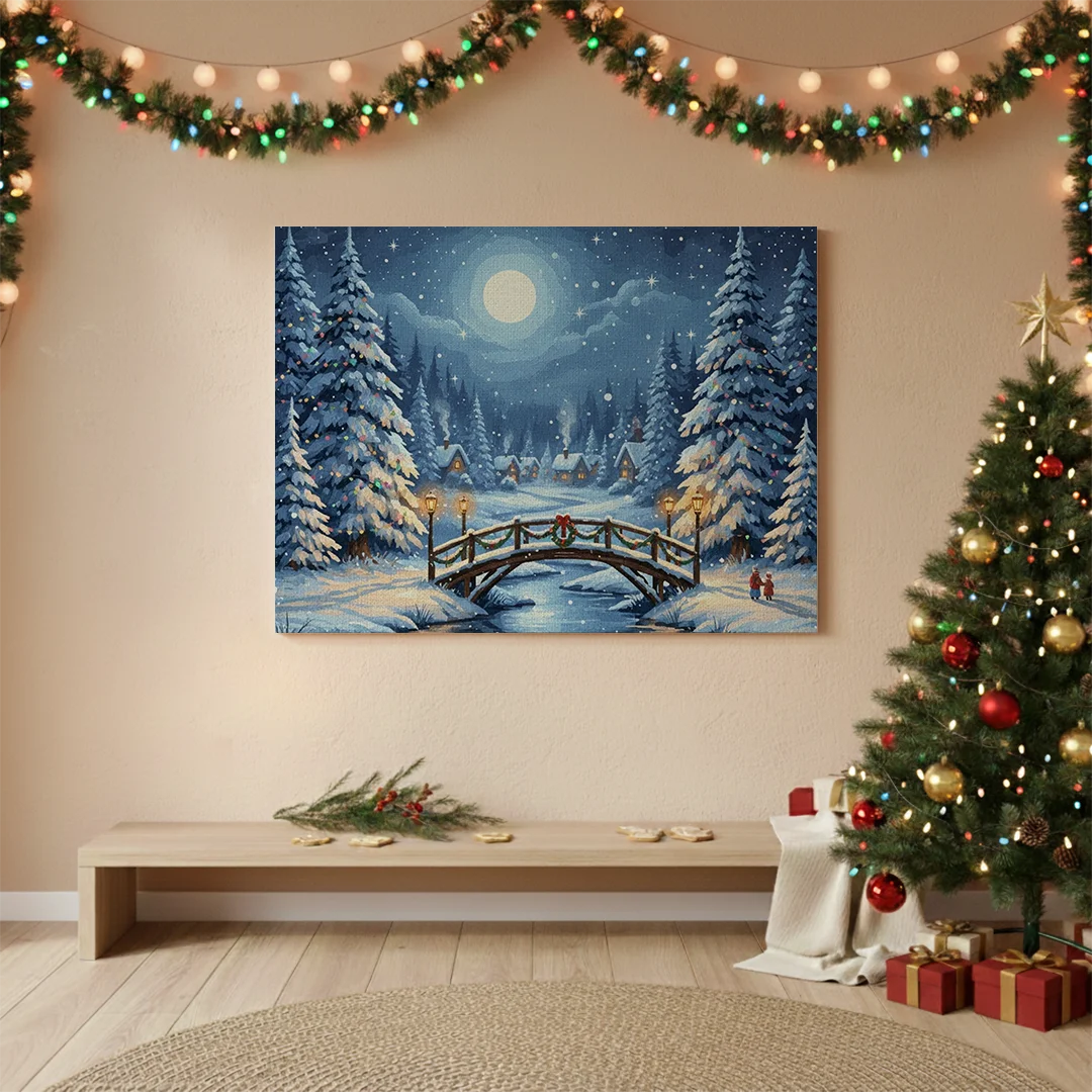 Malen nach Zahlen - Verschneite Brücke mit Weihnachtslaternen