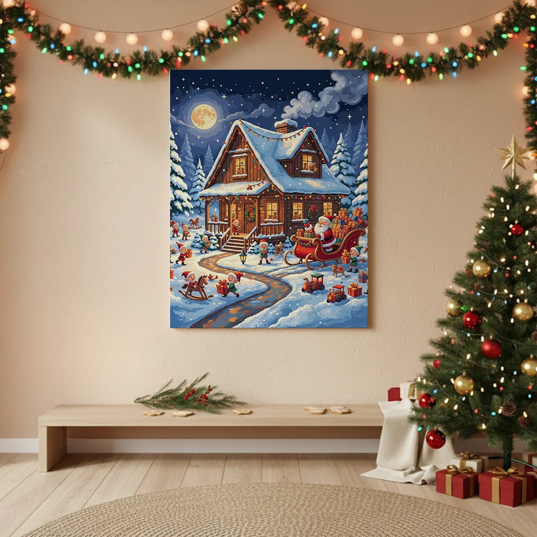 Malen nach Zahlen - Weihnachtsmann-Werkstatt im Schnee