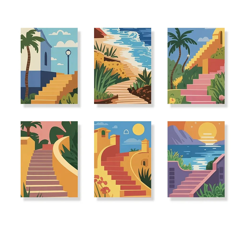 Malen nach Zahlen - 6 Mini-Gemälde | Sonnenverwöhnte Schritte-Set