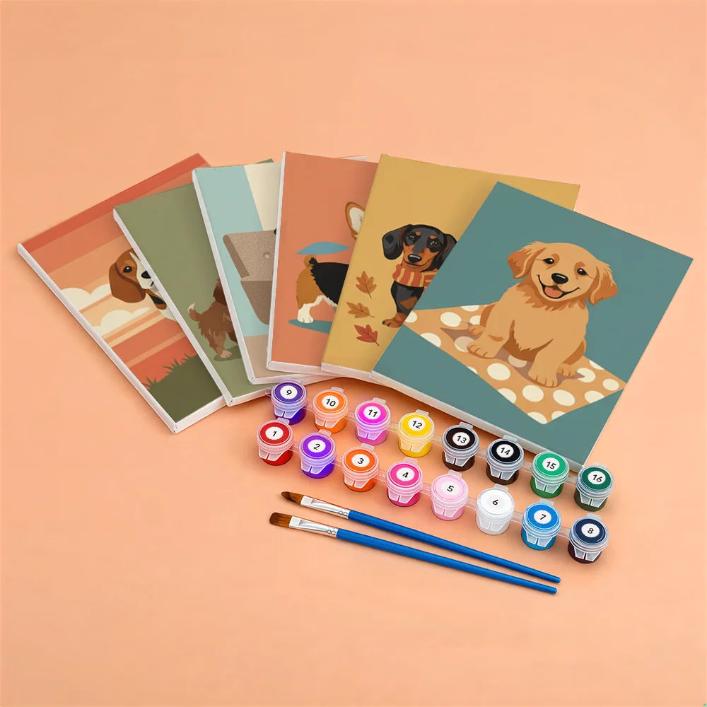 Malen nach Zahlen - 6 Mini-Gemälde | Retro-Hundstage