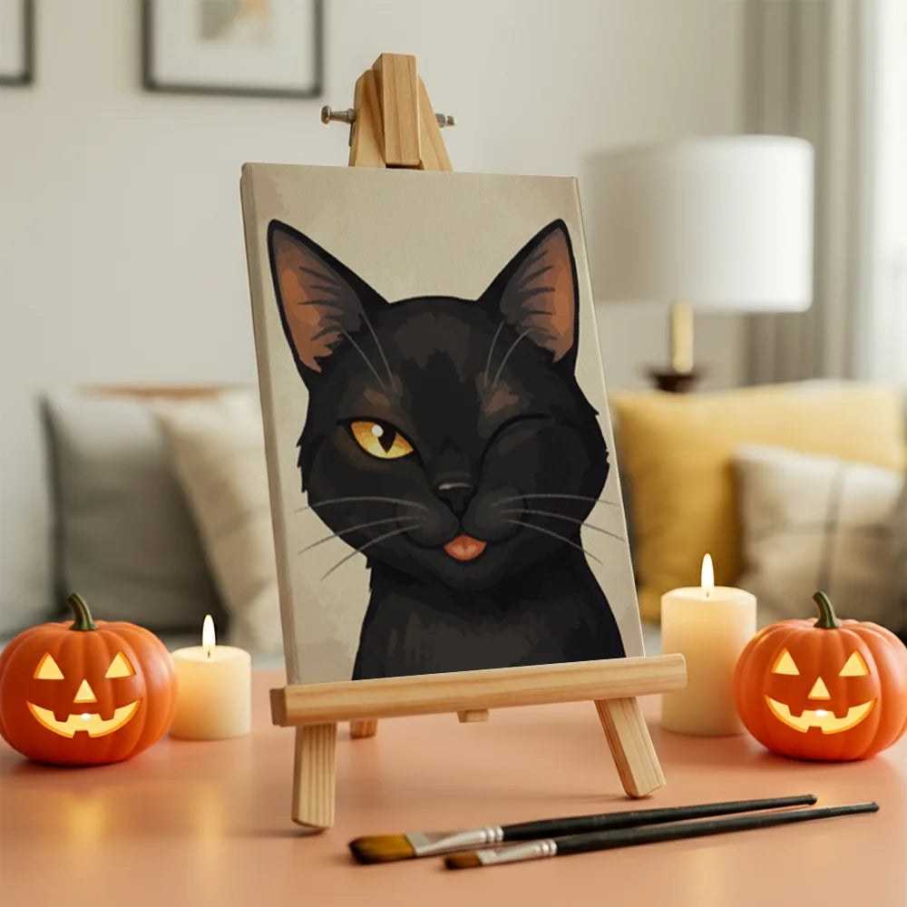 Malen nach Zahlen - 6 Mini-Gemälde | Süßes schwarzes Katzen-Gesicht