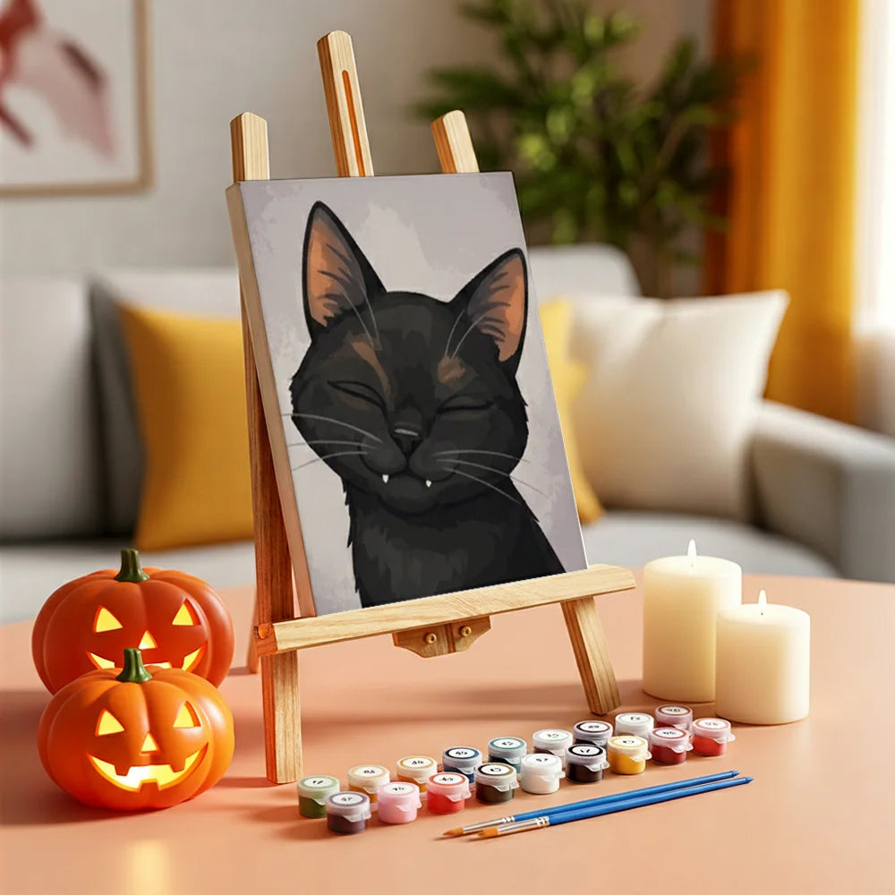 Malen nach Zahlen - 6 Mini-Gemälde | Süßes schwarzes Katzen-Gesicht
