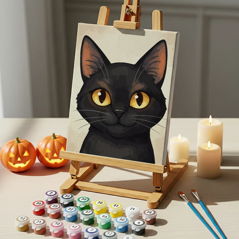 Malen nach Zahlen - 6 Mini-Gemälde | Süßes schwarzes Katzen-Gesicht