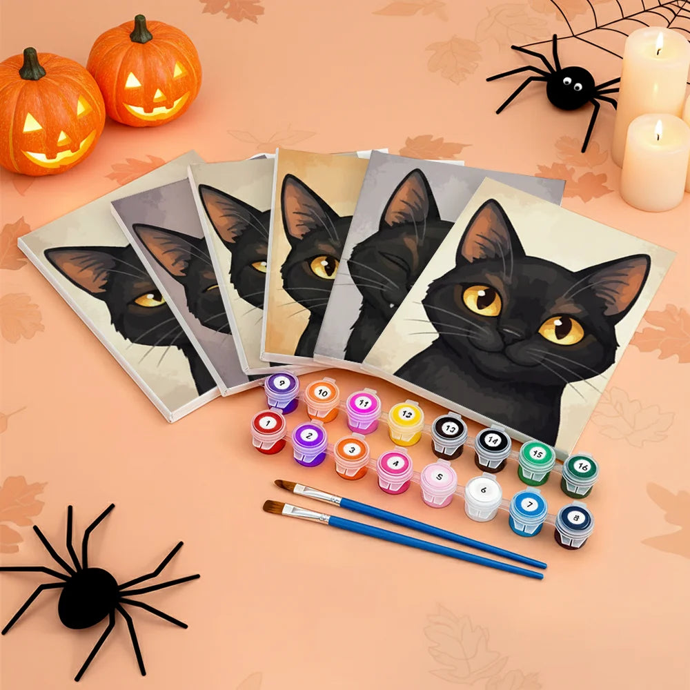 Malen nach Zahlen - 6 Mini-Gemälde | Süßes schwarzes Katzen-Gesicht