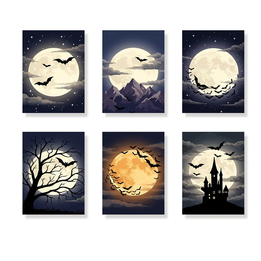 Malen nach Zahlen - 6 Mini-Gemälde | Vollmond mit Fledermäusen
