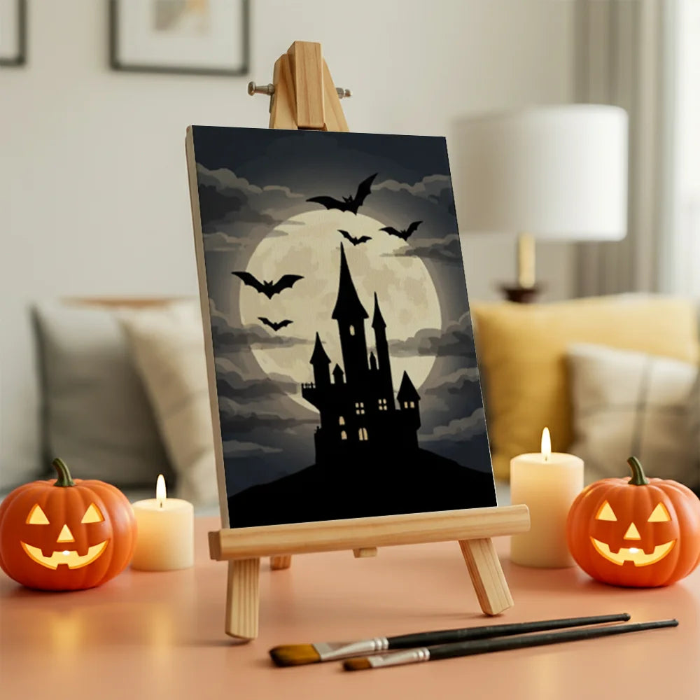 Malen nach Zahlen - 6 Mini-Gemälde | Vollmond mit Fledermäusen