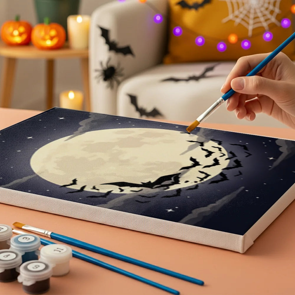 Malen nach Zahlen - 6 Mini-Gemälde | Vollmond mit Fledermäusen