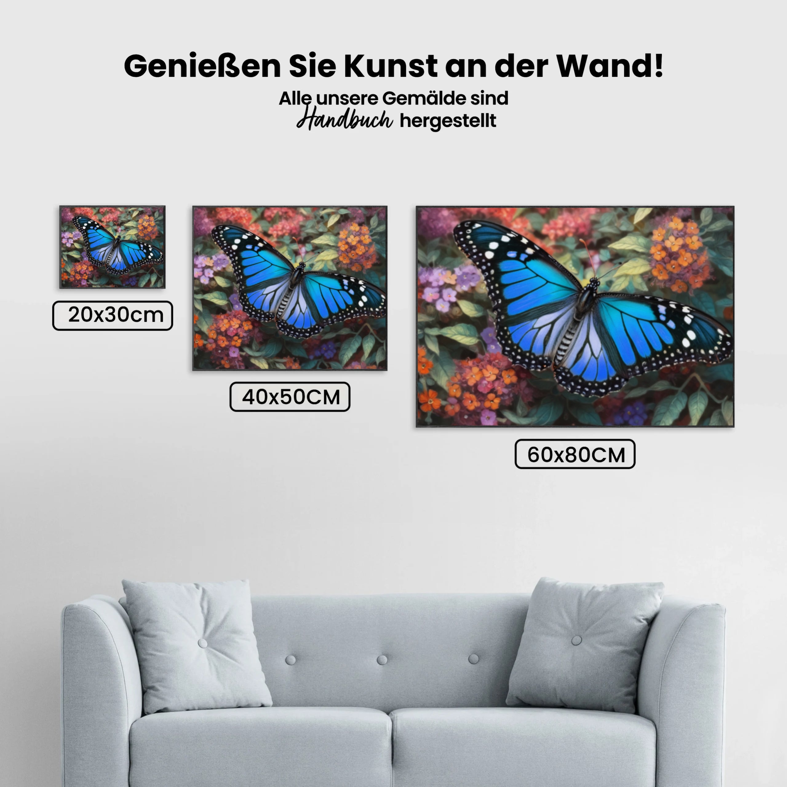 Malen nach Zahlen – Blauer Schmetterling auf bunten Blumen