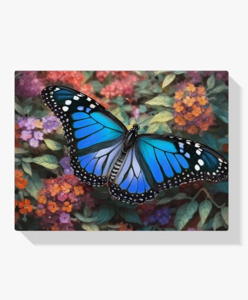 Malen nach Zahlen – Blauer Schmetterling auf bunten Blumen