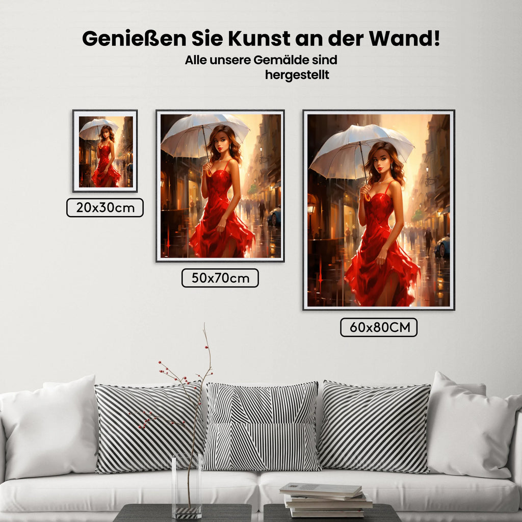Dame im roten Kleid - Regen - Malen nach Zahlen
