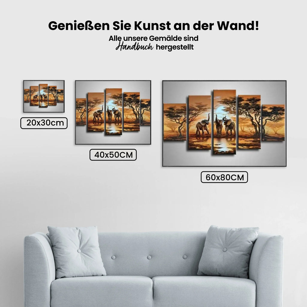 Elefanten bei Sonnenuntergang - Malen nach Zahlen