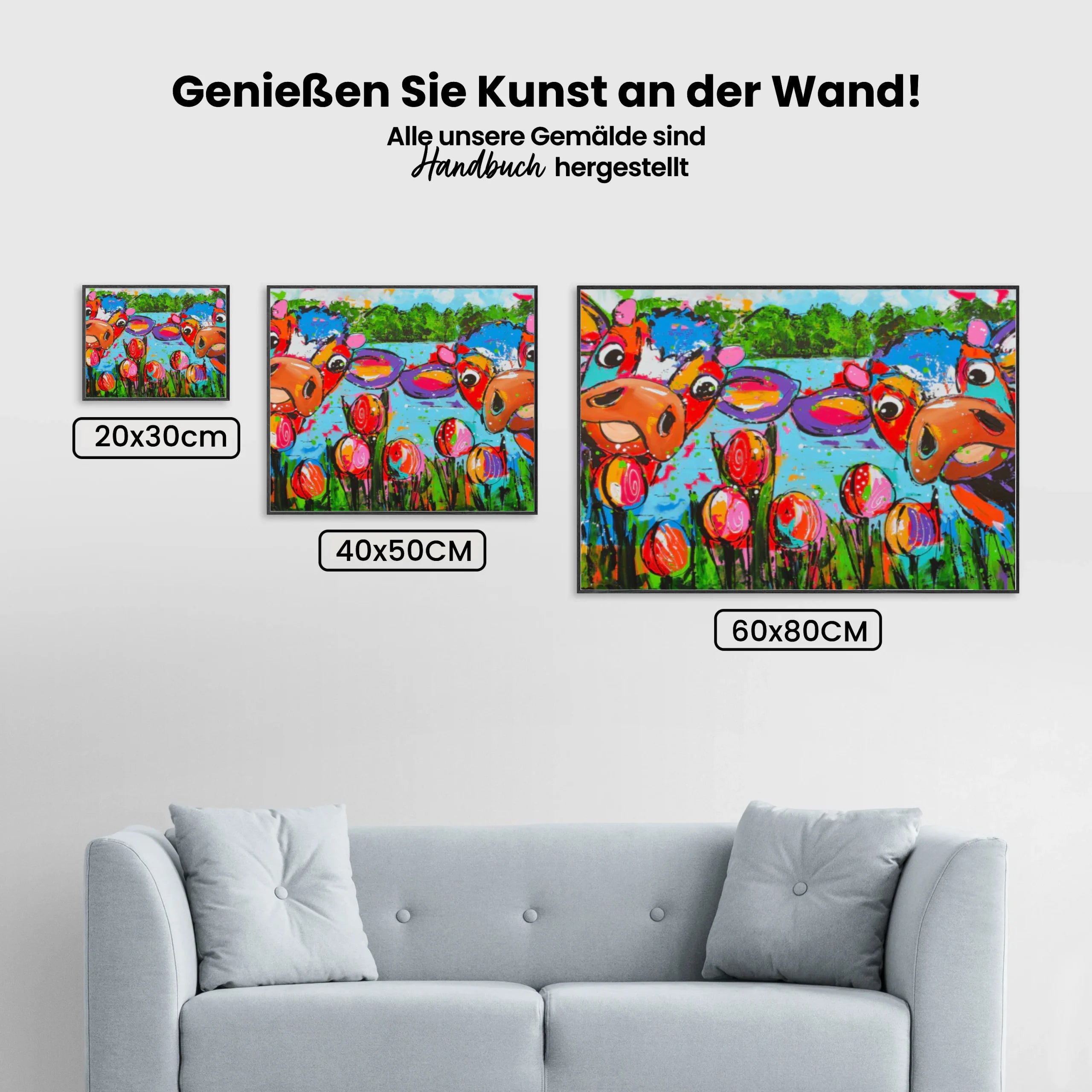Fröhliche Malerei - Kühe mit Tulpen - Malen nach Zahlen
