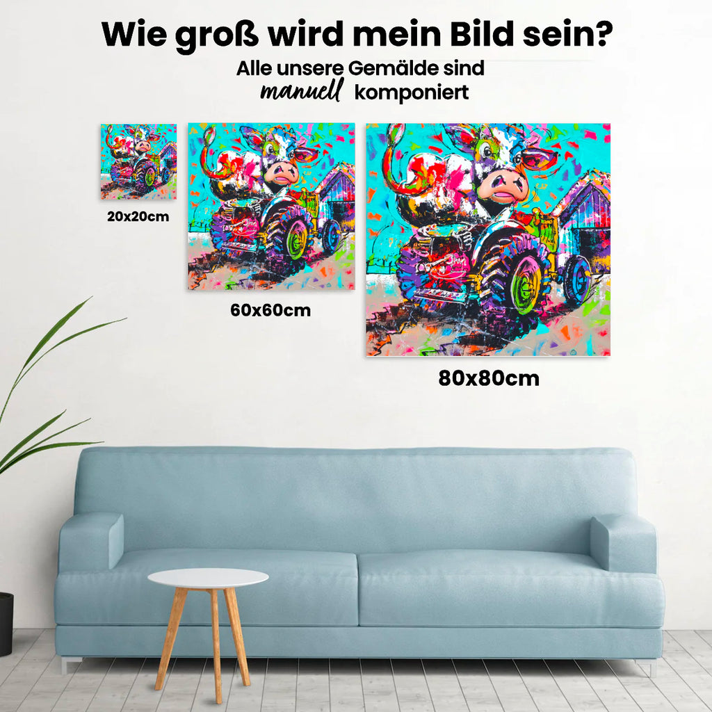Fröhliche Malerei - Kuh auf Traktor - Malen nach Zahlen