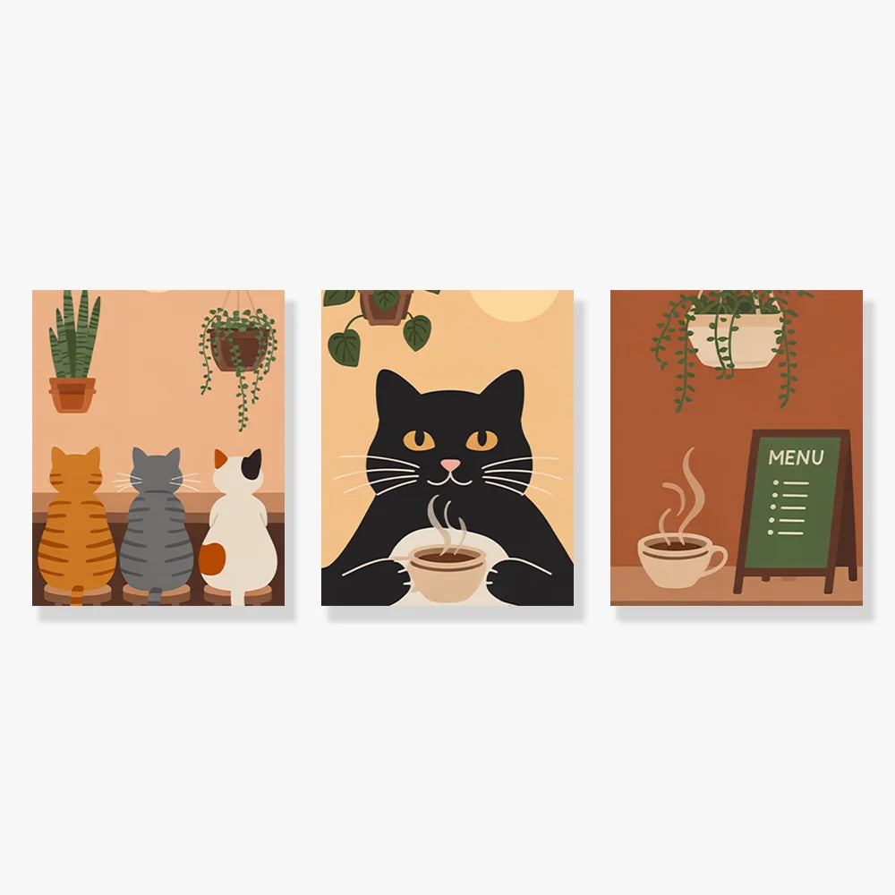 Malen nach Zahlen - 3 Mini-Gemälde | Gemütliches Katzencafé