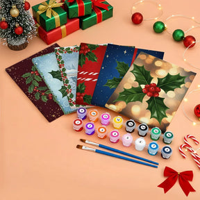 Malen nach Zahlen - 6 Mini-Gemälde | Kleine Stechpalmenblätter und Beeren