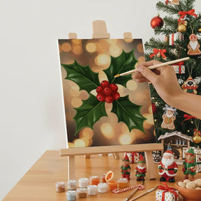 Malen nach Zahlen - 6 Mini-Gemälde | Kleine Stechpalmenblätter und Beeren