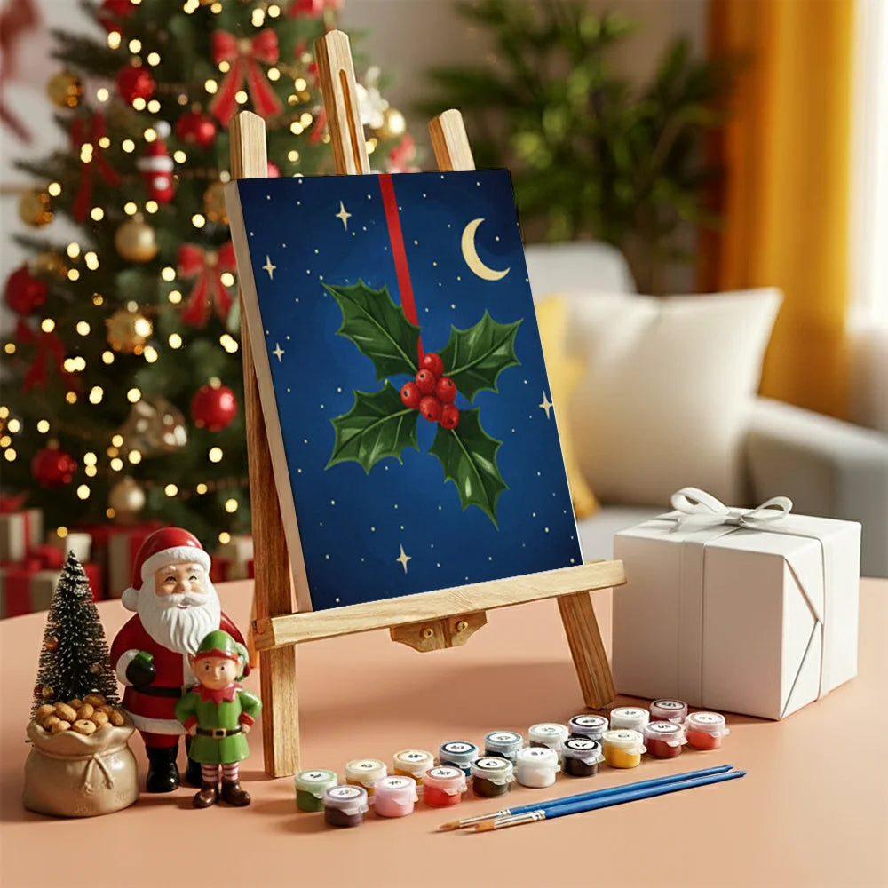 Malen nach Zahlen - 6 Mini-Gemälde | Kleine Stechpalmenblätter und Beeren