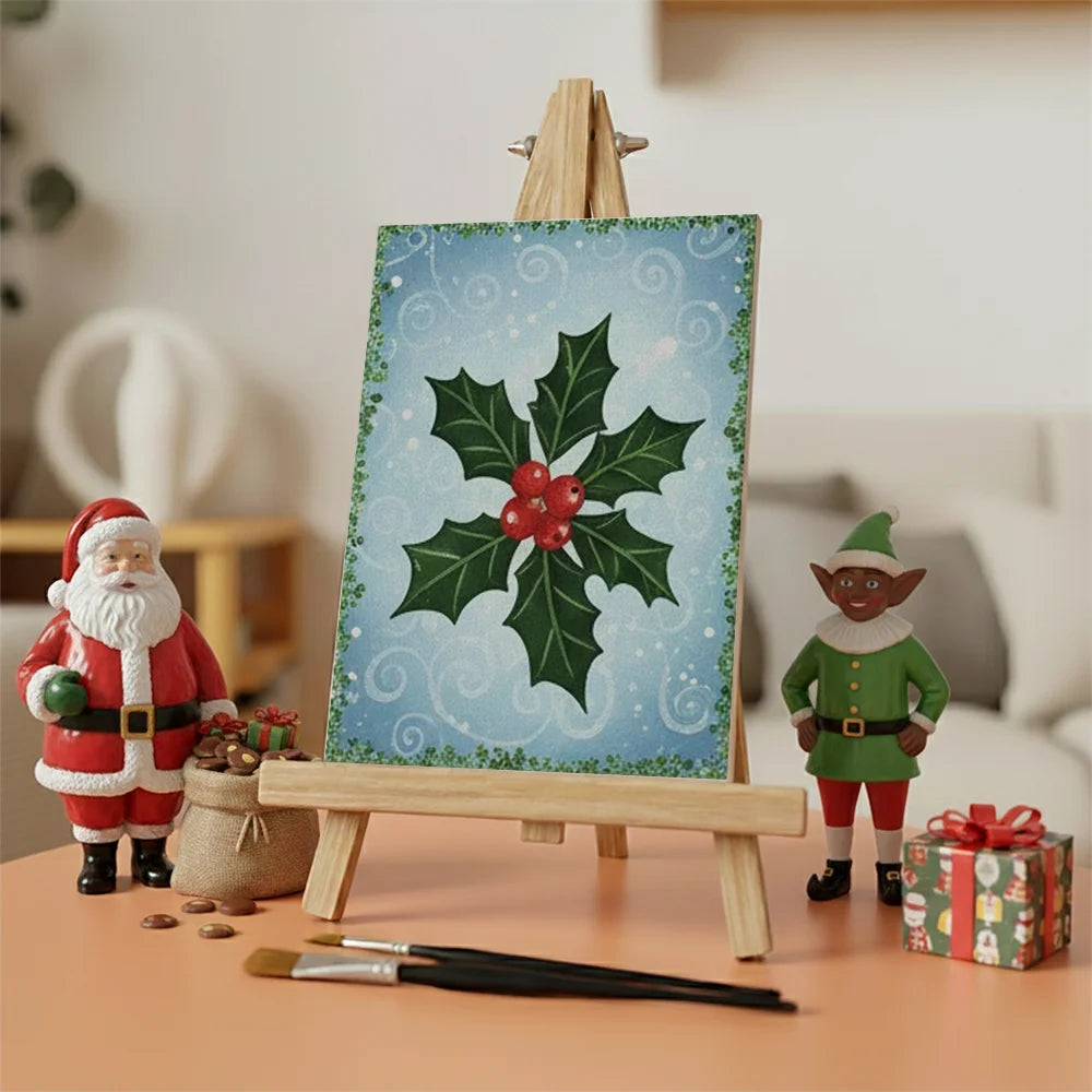 Malen nach Zahlen - 6 Mini-Gemälde | Kleine Stechpalmenblätter und Beeren