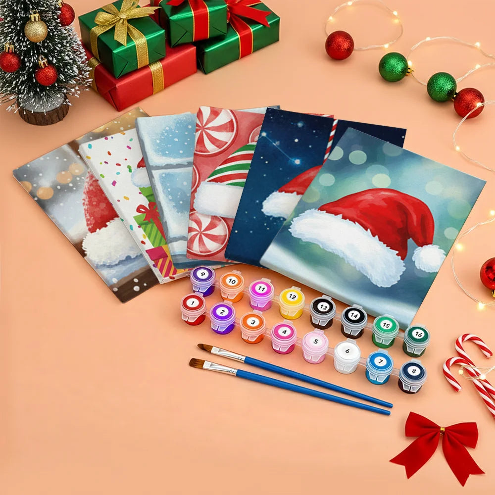 Malen nach Zahlen - 6 Mini-Gemälde | Kleines Weihnachtsmützen-Symbol