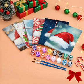 Malen nach Zahlen - 6 Mini-Gemälde | Kleines Weihnachtsmützen-Symbol