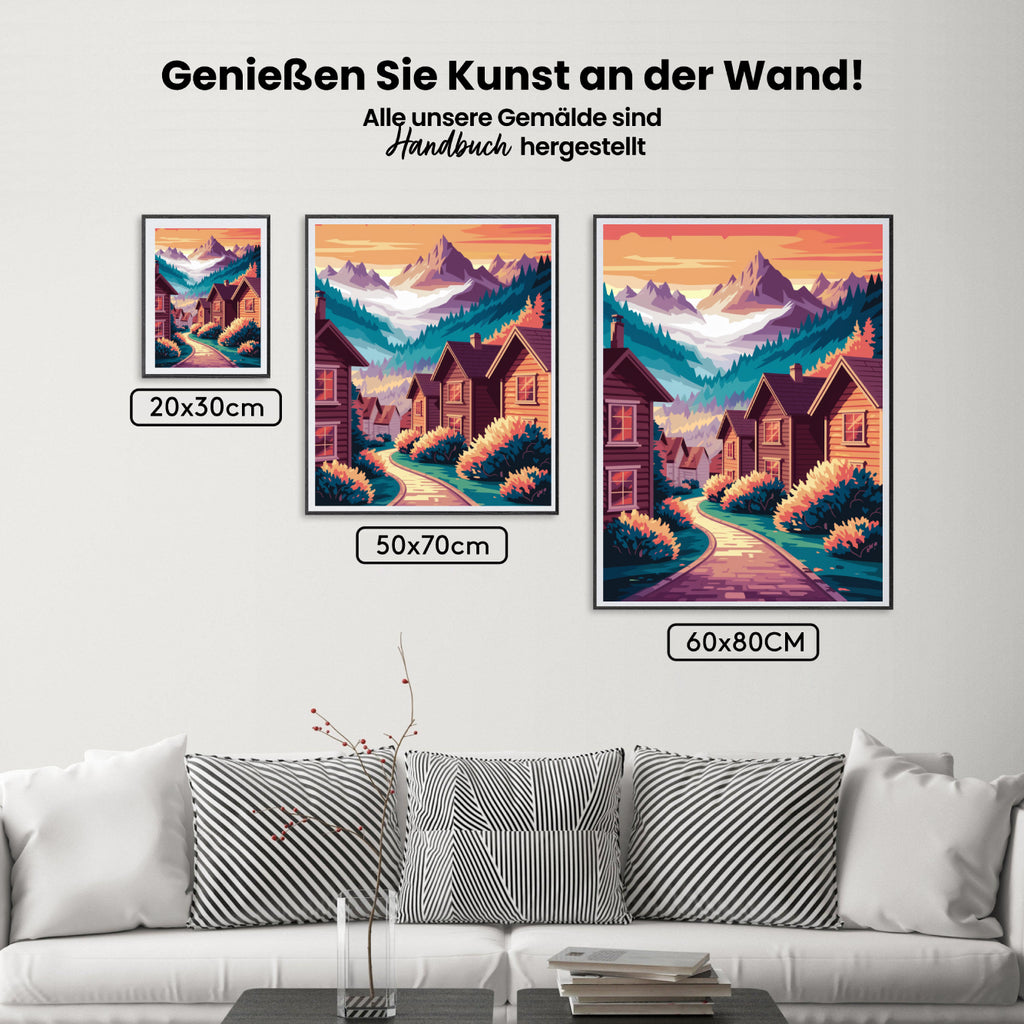 Malen nach Zahlen – Bergdorf bei Sonnenaufgang mit nebligen Gipfeln V1-2