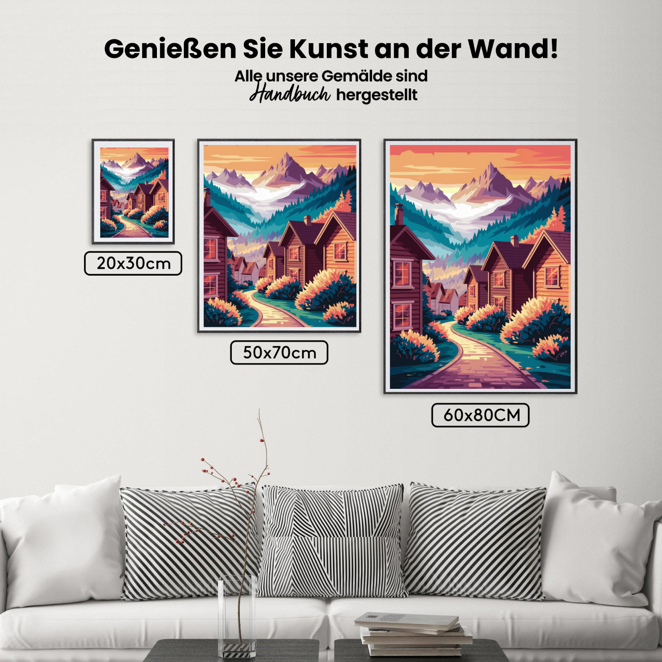 Malen nach Zahlen – Bergdorf bei Sonnenaufgang mit nebligen Gipfeln V1-2