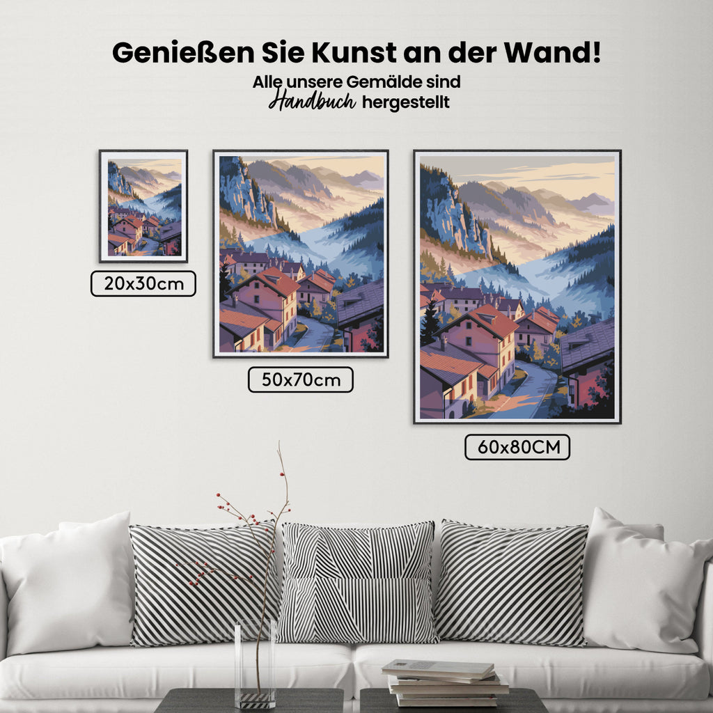 Malen nach Zahlen – Bergdorf bei Sonnenaufgang mit nebligen Gipfeln V2-2