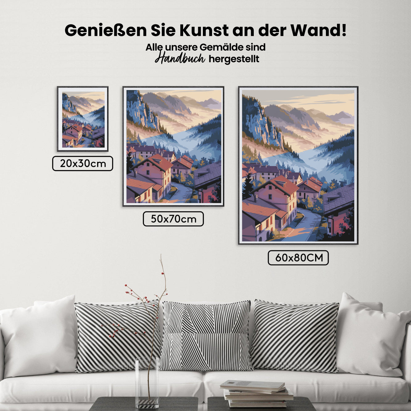 Malen nach Zahlen – Bergdorf bei Sonnenaufgang mit nebligen Gipfeln V2-2