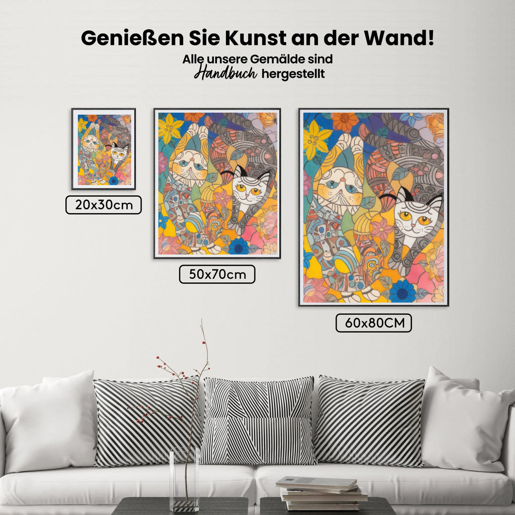Malen nach Zahlen – Bunte Katzen in einer floralen Fantasie