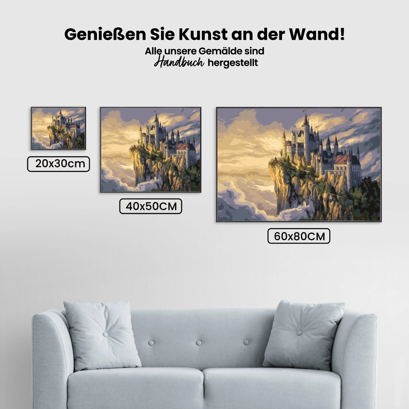 Malen nach Zahlen – Fantasievolles Schloss auf einer Klippe umgeben von Wolken V1-2