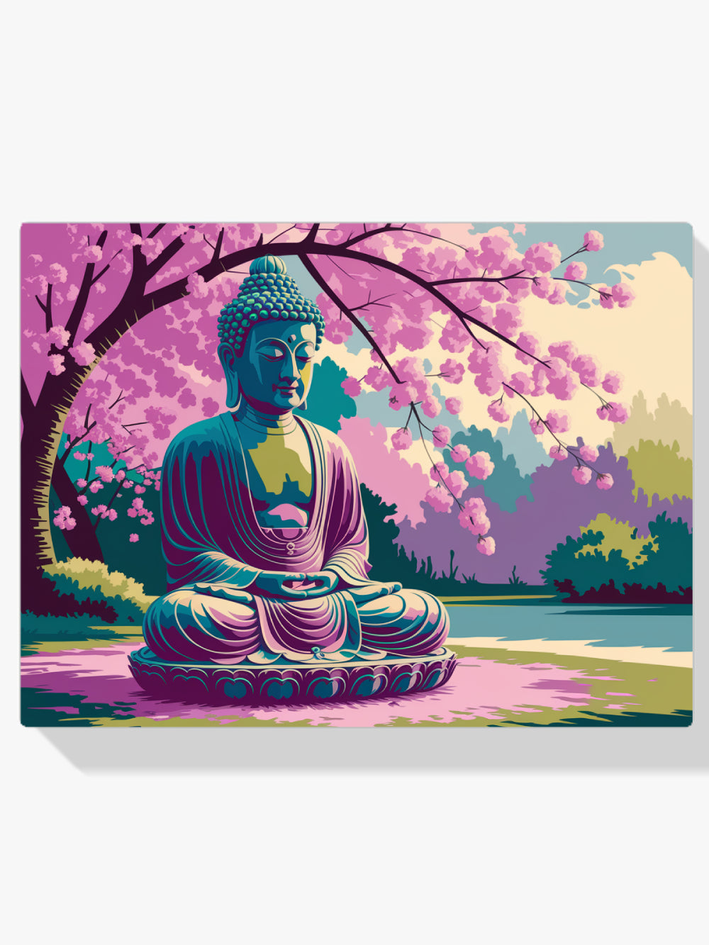 Malen nach Zahlen – Gelassene Buddha-Statue umgeben von Kirschblüten-1