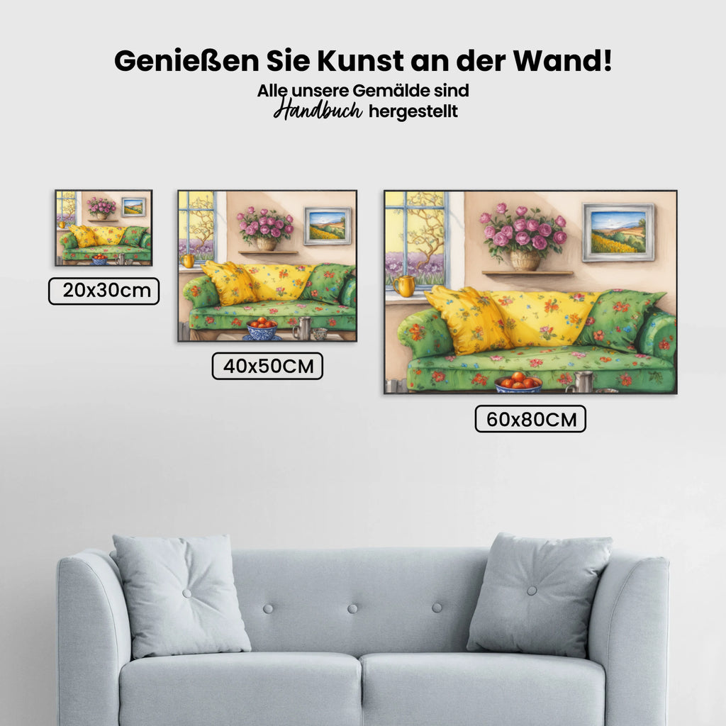 Malen nach Zahlen – Gemütliches Wohnzimmer mit Blumenmuster