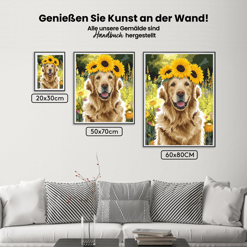 Malen nach Zahlen – Golden Retriever mit einer Sonnenblumenkrone-2