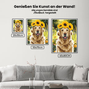 Malen nach Zahlen - Golden Retriever mit einer Sonnenblumenkrone