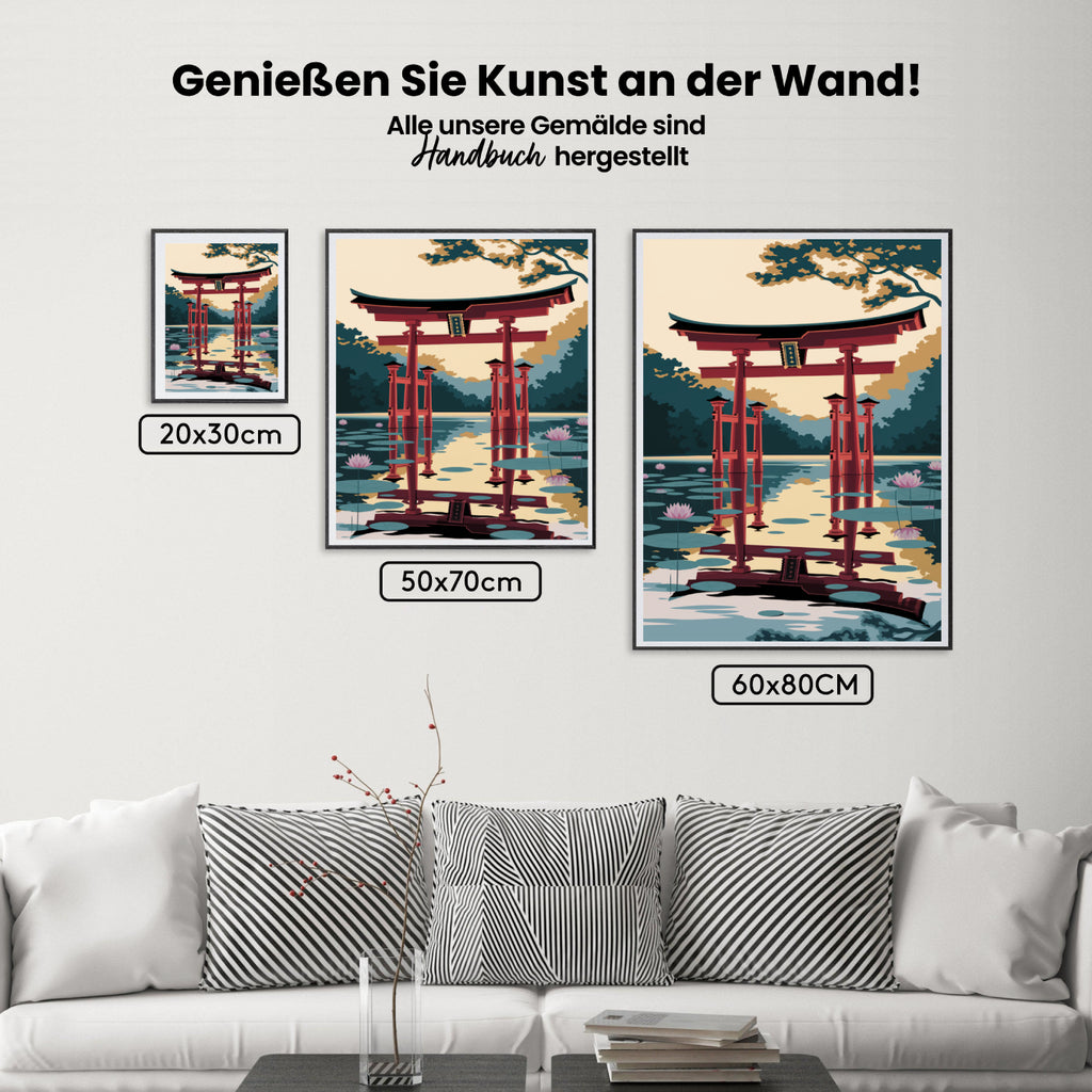 Malen nach Zahlen – Japanisches Torii-Tor in einem friedlichen Teich-2