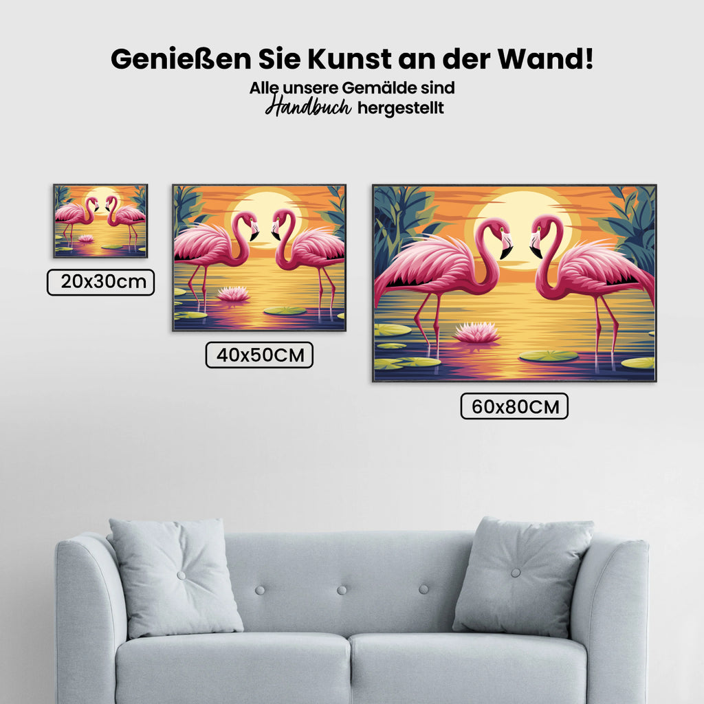 Malen nach Zahlen – Lebendige Flamingos waten in einem Teich-2